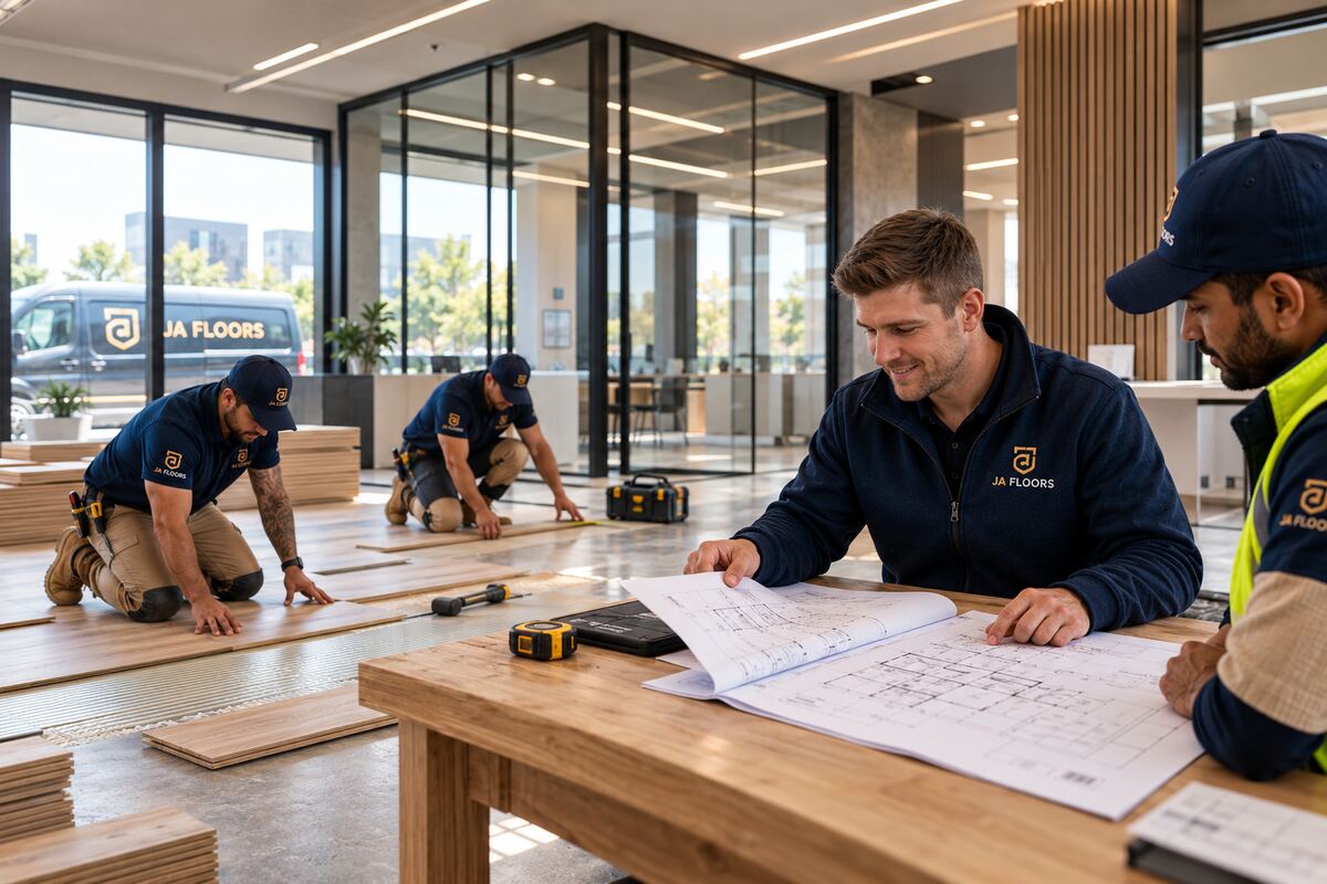 Two team members in JA Floors workwear reviewing floor plans at a table while installers lay flooring behind them