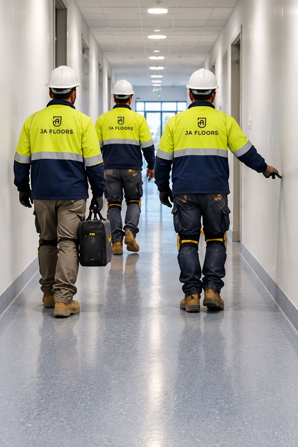 Three installers in JA Floors hi-vis workwear walking along a corridor with grey sheet vinyl flooring