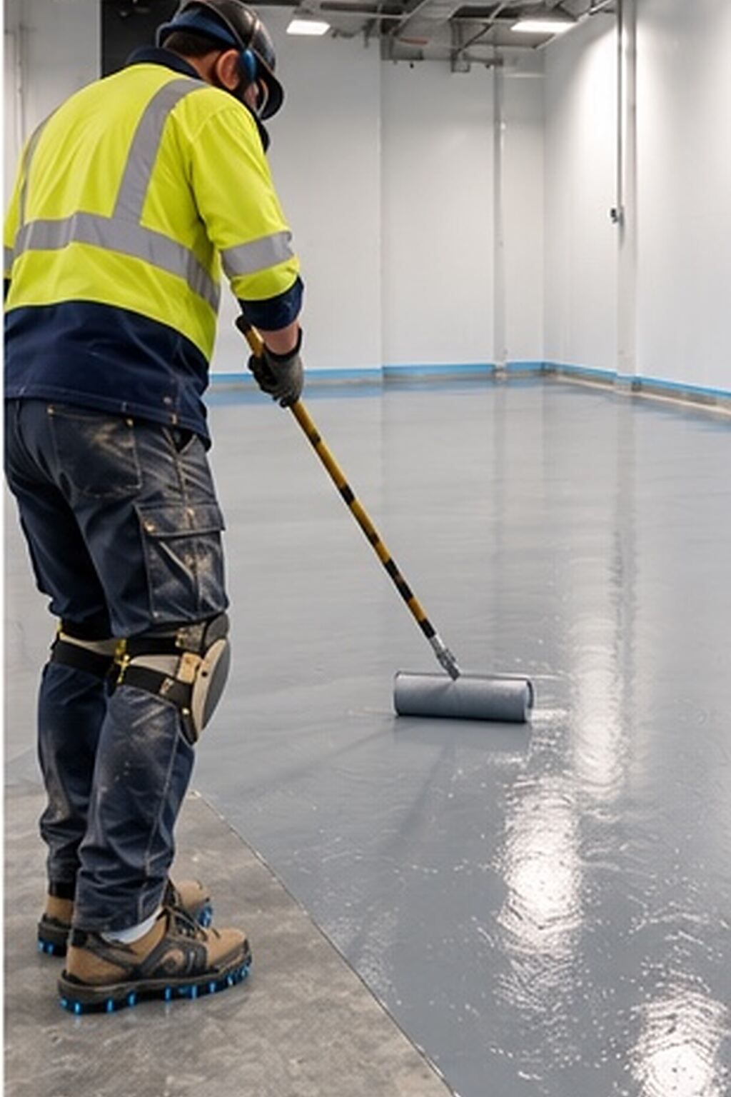 Worker in spiked shoes rolling a grey coating across a concrete floor