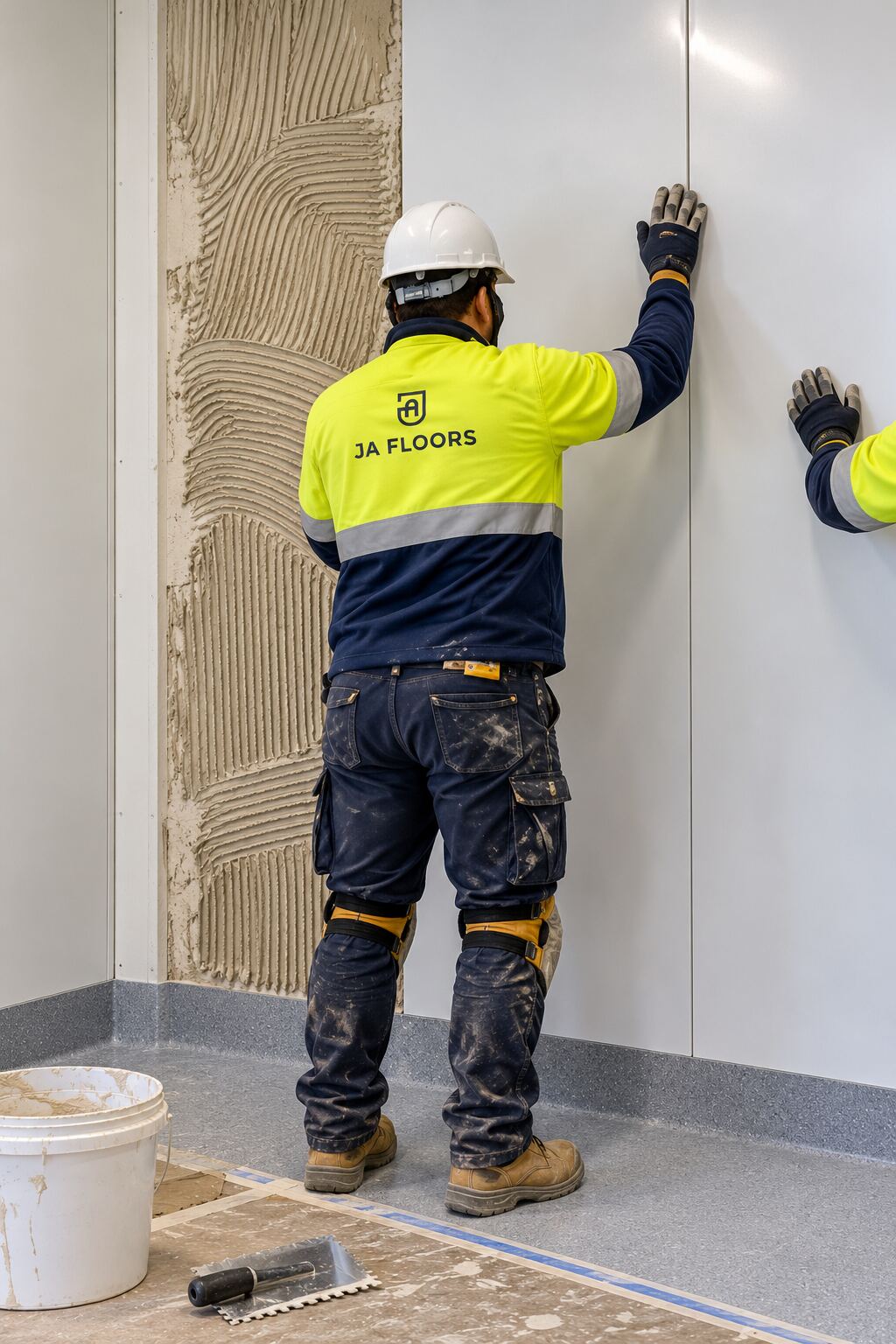 Installer in JA Floors hi-vis pressing a white hygienic wall sheet into place beside trowelled adhesive