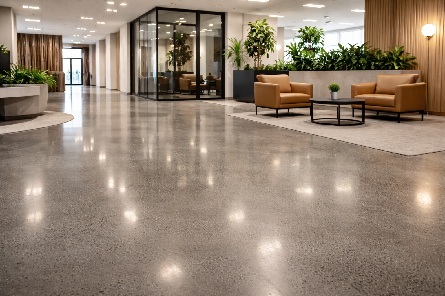 Commercial concrete finish installed by JA Floors in an office environment