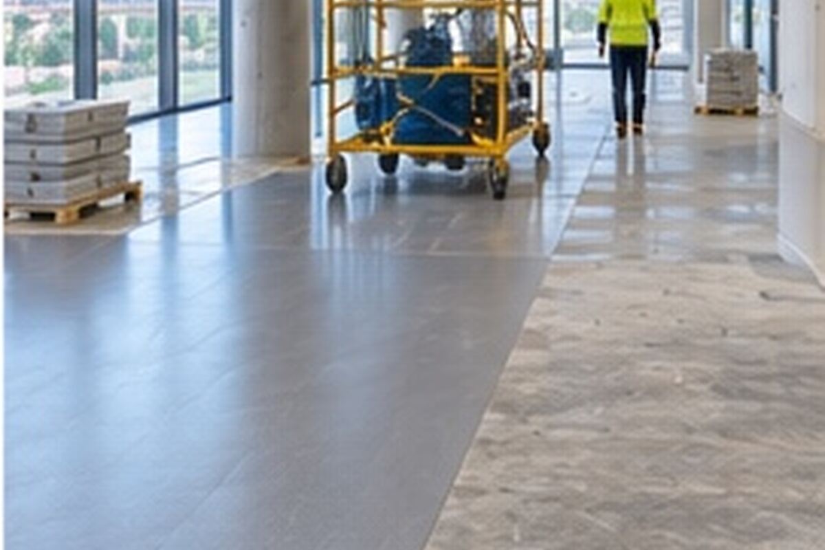 Open-plan office fit-out with part-finished flooring, a mobile scaffold and pallets of materials
