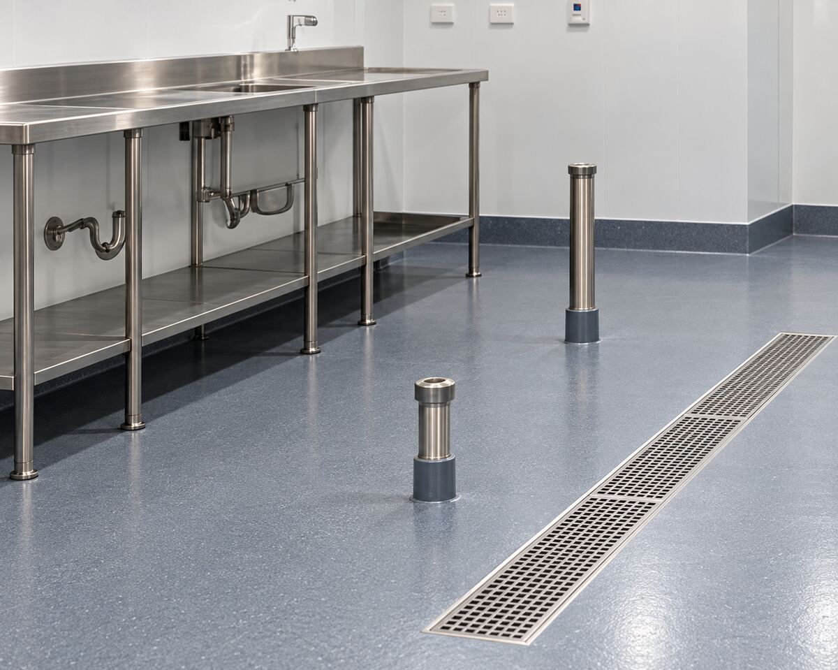 Commercial kitchen with a grey seamless floor and stainless linear floor drain