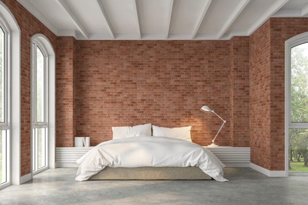 Polished Concrete JA Floors Modern loft bedroom 3d render,There are polished concrete floors, red brick walls decorated with white beds with curved windows that overlook the garden and the sun shines in.
